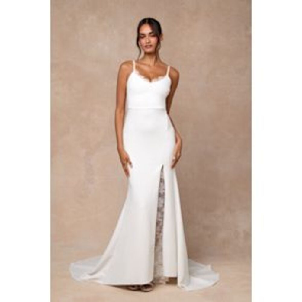 Lulu's White Spaghetti Strap Lace-Trim Evening Gown